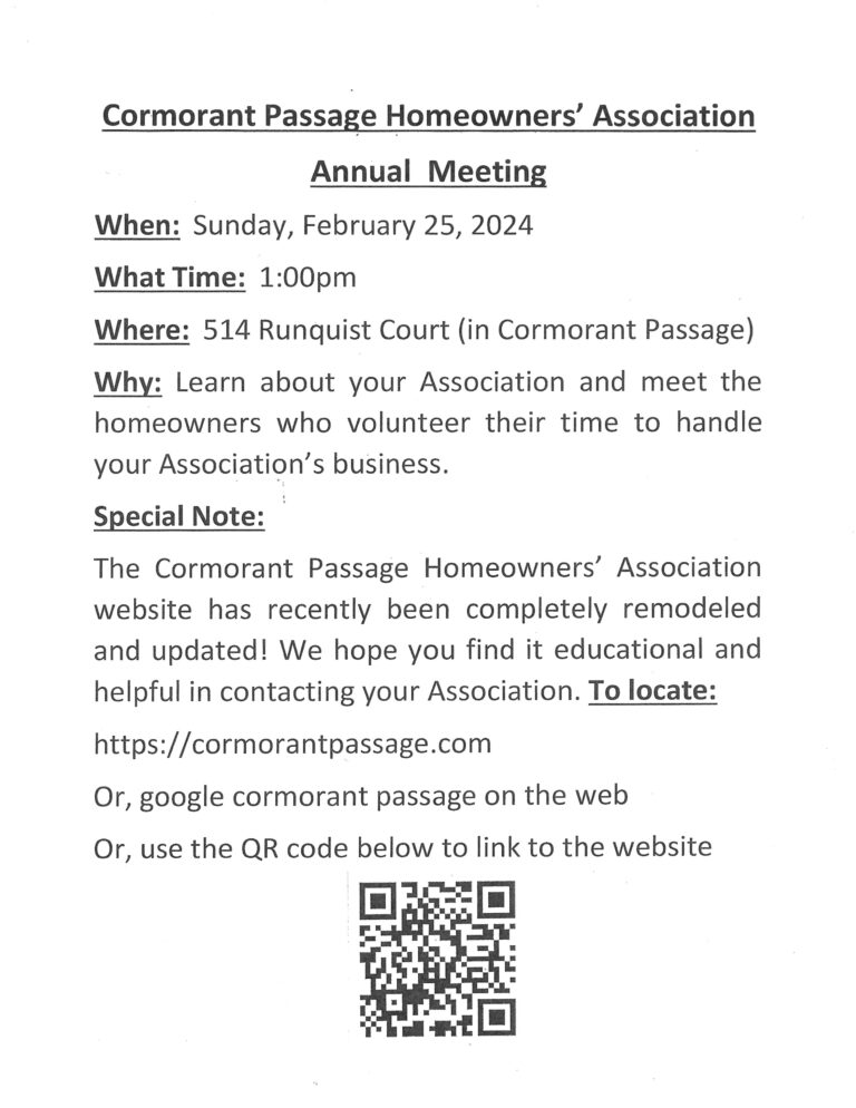 Business Meeting Notice Cormorant Passage Homeowners’ Association